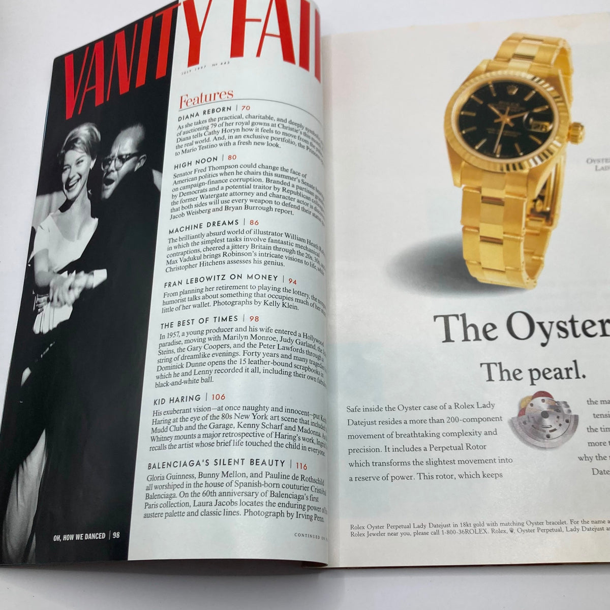 Interior spread of Vanity Fair Magazine July 1997 featuring articles and features including Diana Reborn, with an image of a couple dancing and a Rolex watch advertisement.
