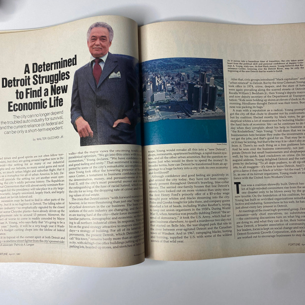 An article spread from Fortune Magazine April 21, 1980, titled 'A Determined Detroit Struggles to Find a New Economic Life' showcasing a prominent business leader and an aerial view of Detroit.