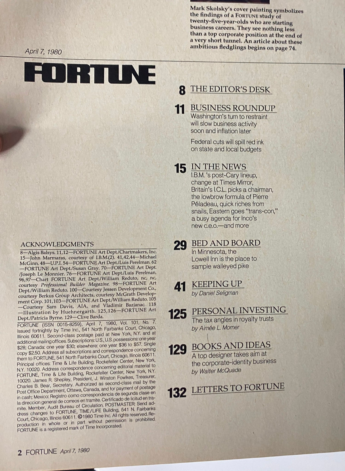 Interior page of Fortune Magazine, April 7, 1980, includes the table of contents and highlights articles such as the editor's desk and business roundup. This issue delves into young professionals' views on their future.
