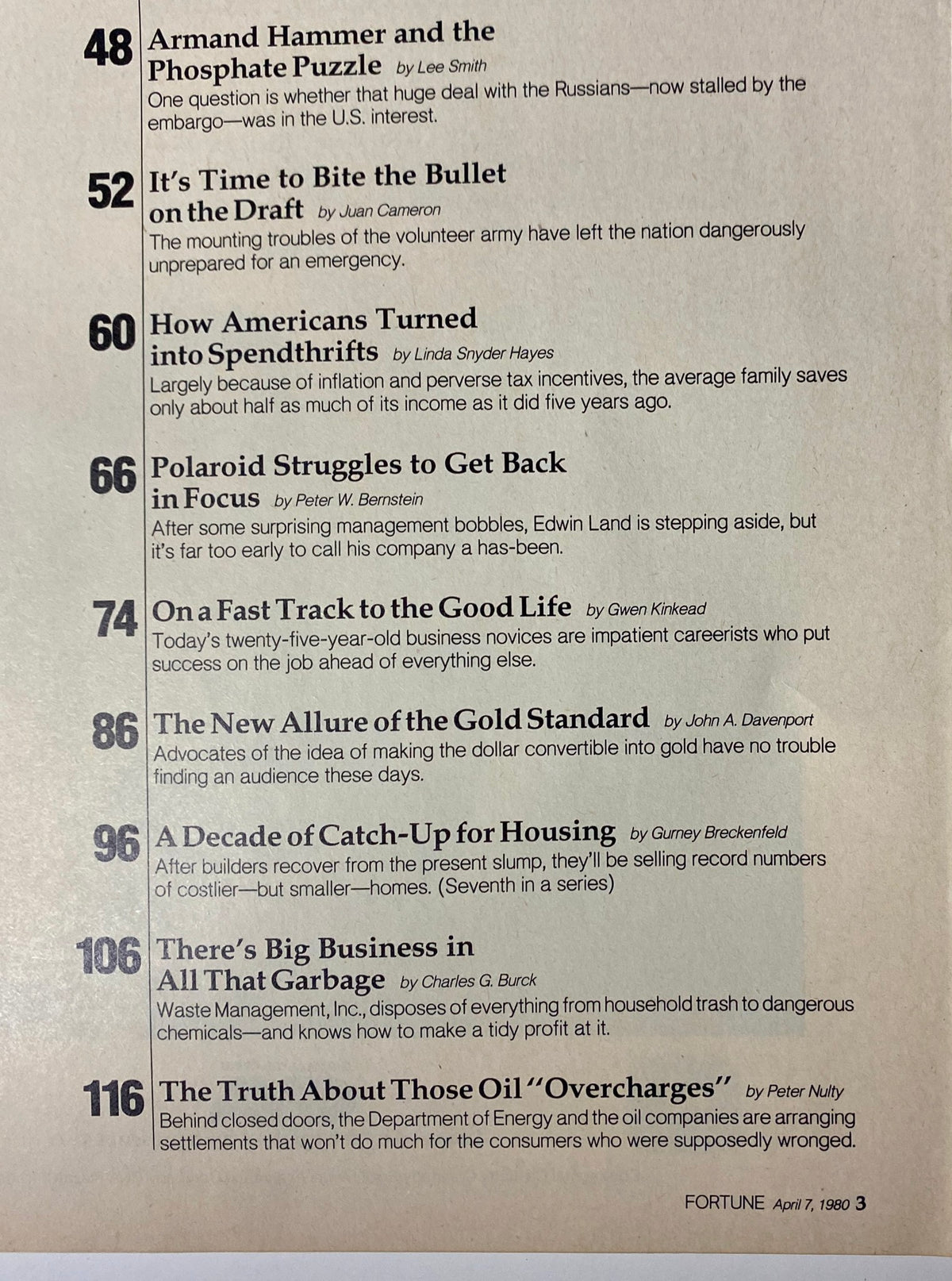 Table of contents from Fortune Magazine April 7, 1980, showcasing articles on economic trends, investment strategies, and young professionals' career ambitions.