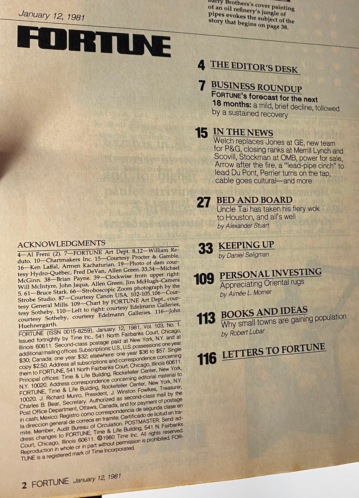 Table of contents from Fortune Magazine, January 12, 1981, listing key articles including 'Day of Reckoning for Oil Refiners' and forecasts for the next 18 months.
