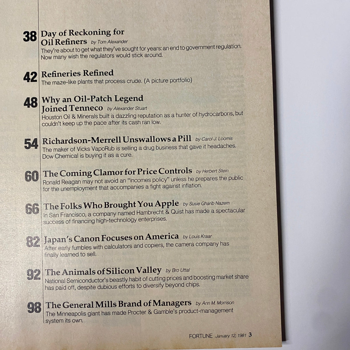 Article listing from Fortune Magazine, January 12, 1981, highlighting the main features including 'Day of Reckoning for Oil Refiners', alongside various economic analyses.