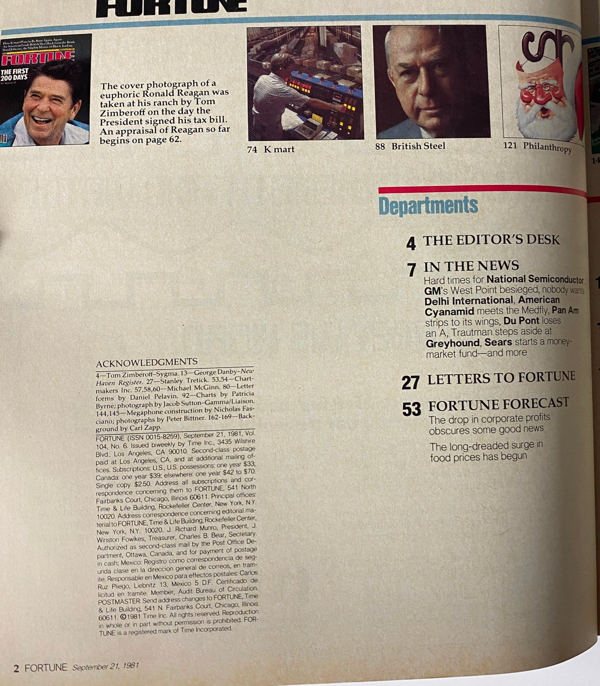 Interior page of Fortune Magazine, September 21, 1981, showcasing the acknowledgments section, highlighting notable articles including Ronald Reagan's appraisal.