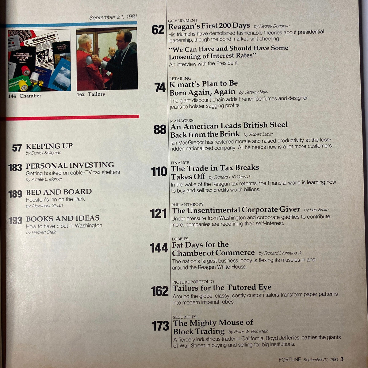 Table of contents page of Fortune Magazine, September 21, 1981, listing key articles, including 'Reagan's First 200 Days' and various economic topics.