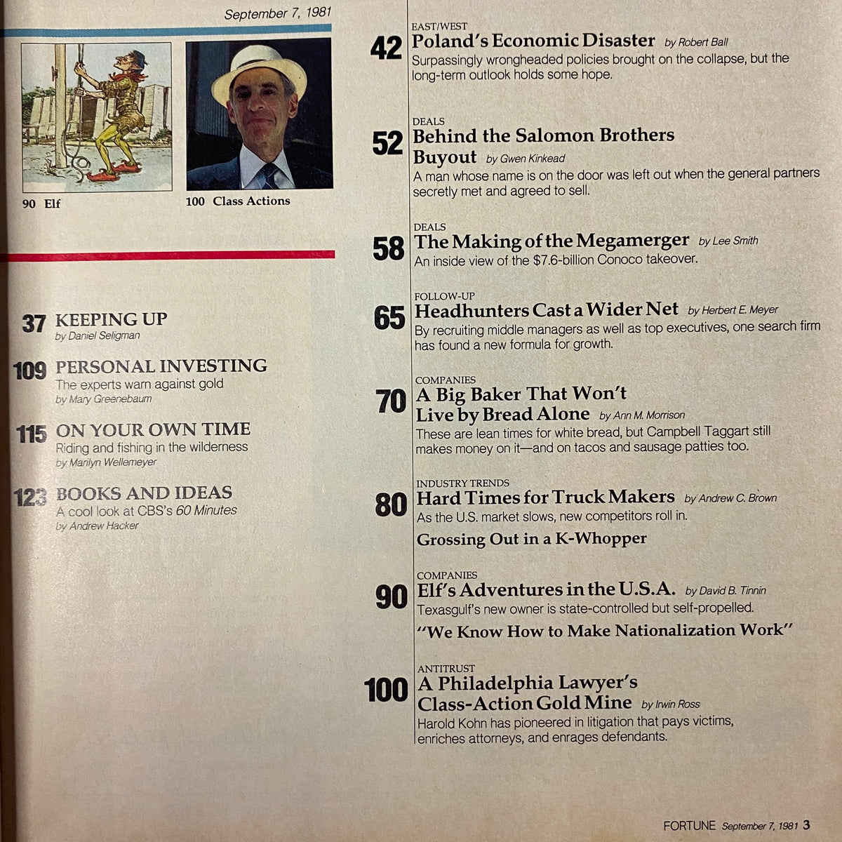 Table of contents from Fortune Magazine September 7, 1981, highlighting articles including 'Hard Times for Truck Makers' with sections on economic trends and industry analysis.
