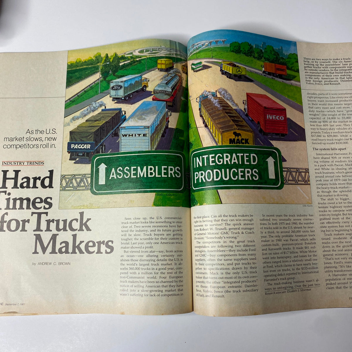 Article spread from Fortune Magazine September 7, 1981, titled 'Hard Times for Truck Makers', discussing the challenges and competition faced by the truck manufacturing industry.
