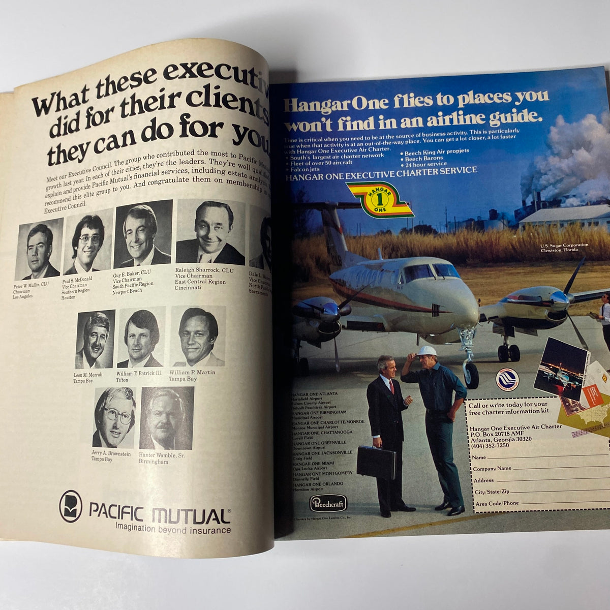 Fortune Magazine May 4, 1981 - An advertisement featuring corporate executives endorsing Pacific Mutual, alongside a promotion for Hangar One Executive Charter Service with a private aircraft.