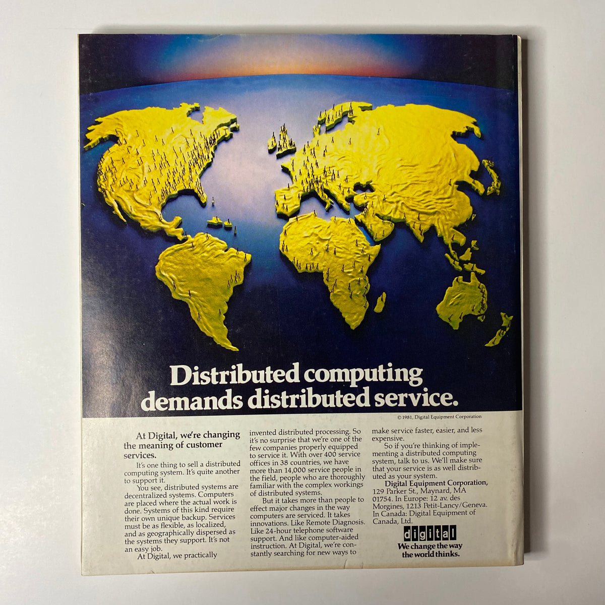 Fortune Magazine May 4, 1981 - A visually striking advertisement by Digital Equipment Corporation highlighting the importance of distributed computing services with a map of the world.