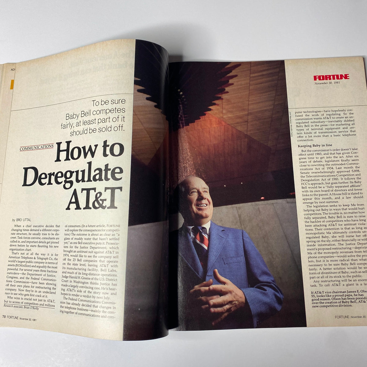 Interior page from Fortune Magazine dated November 30, 1981, featuring the article 'How to Deregulate AT&T' with a smiling man in a suit, discussing telecommunications deregulation.