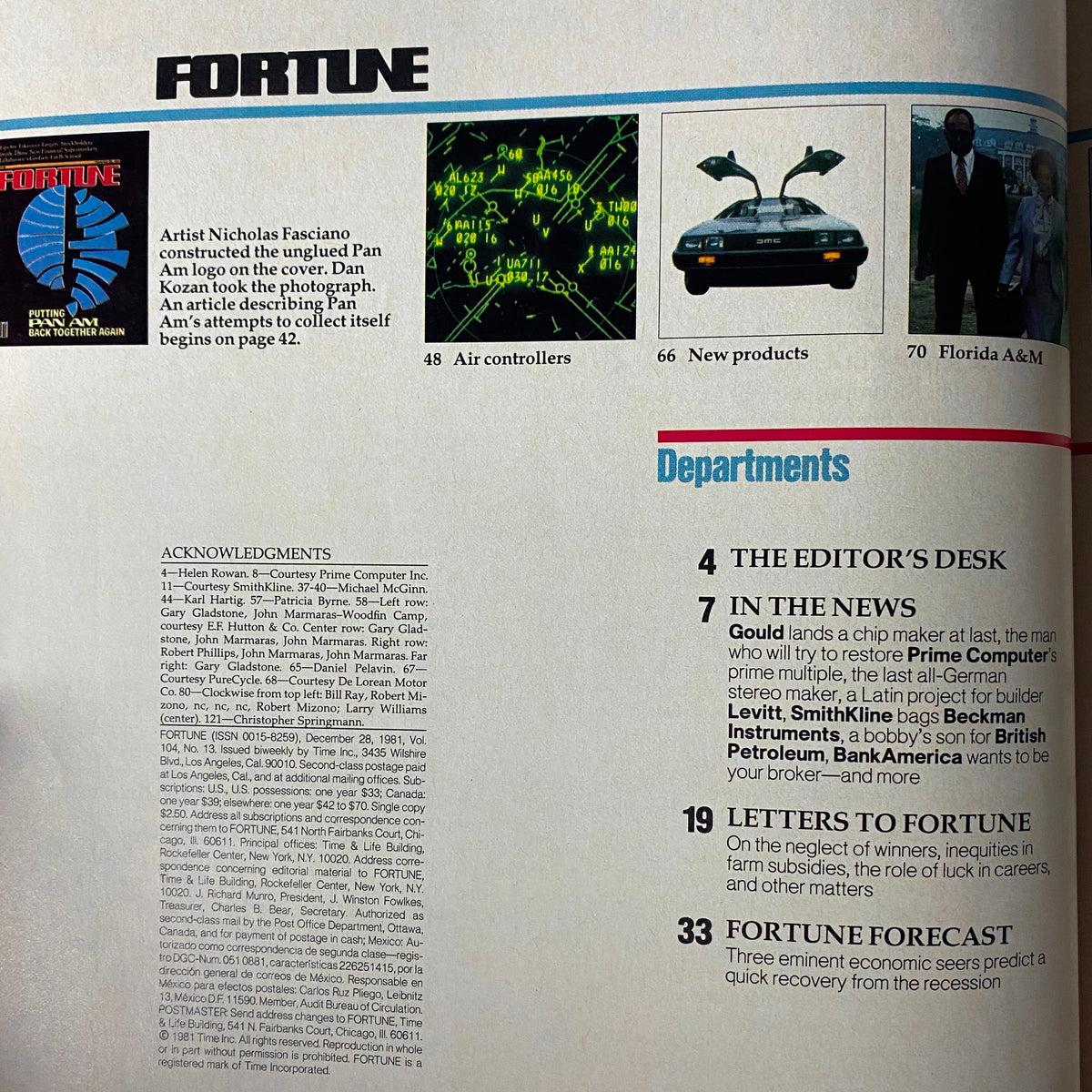 Interior page of Fortune Magazine from December 28, 1981, highlighting acknowledgments and departments. This page features articles including 'Air controllers' and 'New products,' showcasing the breadth of content within this historical issue.