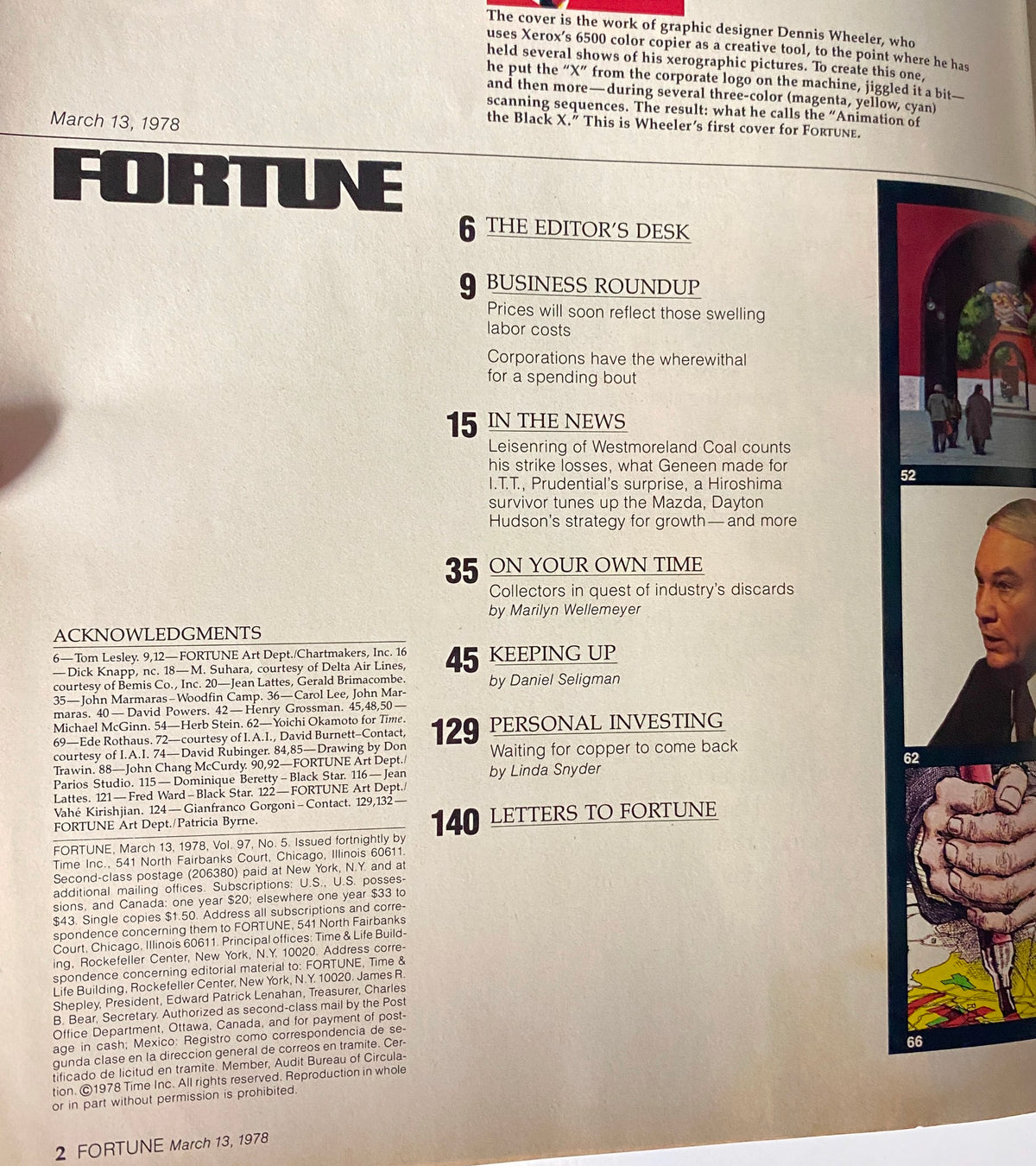 Table of contents page from Fortune Magazine, March 13, 1978, listing features including "Business Roundup" and "In the News" with a focus on various corporate topics.