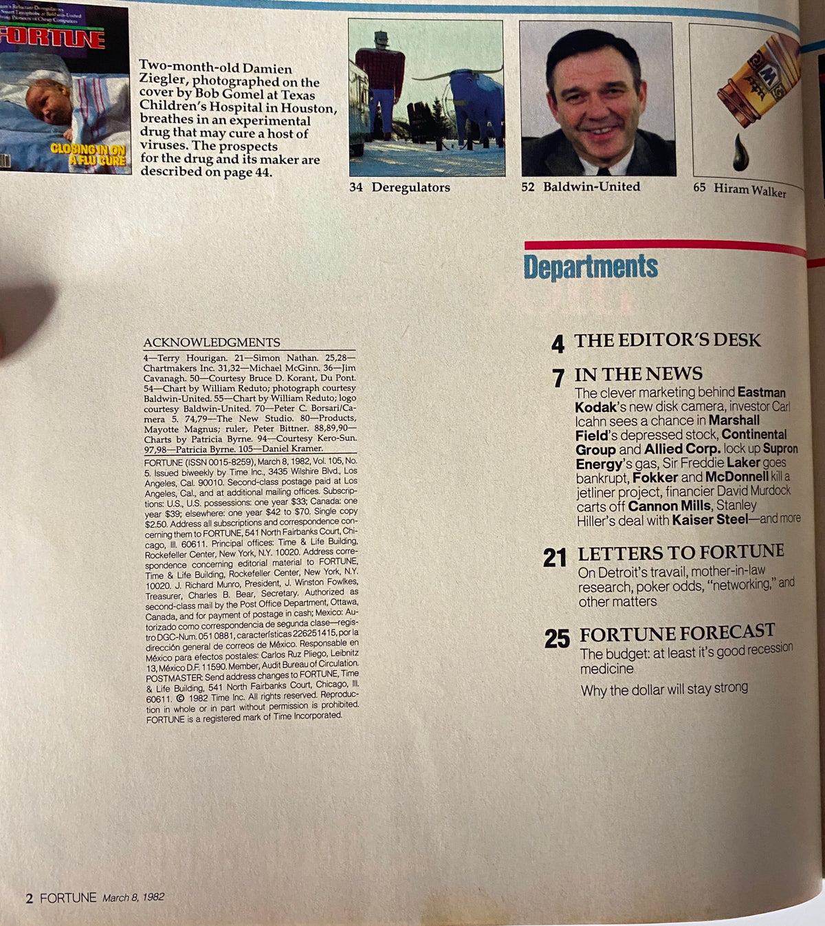 Acknowledgments page from Fortune Magazine, March 8, 1982, detailing notable contributors related to the issue 'Closing In On A Flu Cure'.