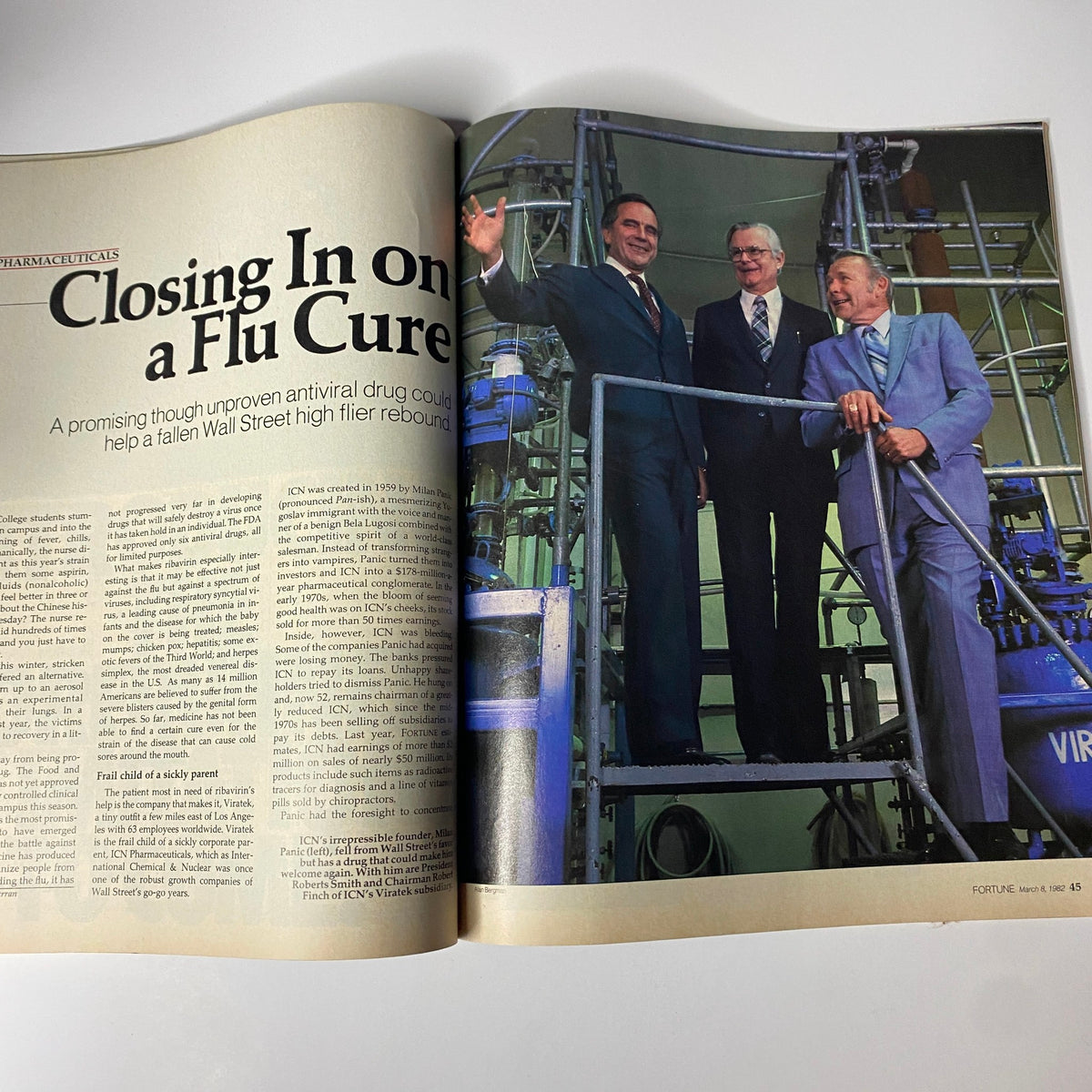 Article spread from Fortune Magazine, March 8, 1982, discussing pharmaceutical advancements titled 'Closing In On A Flu Cure'.