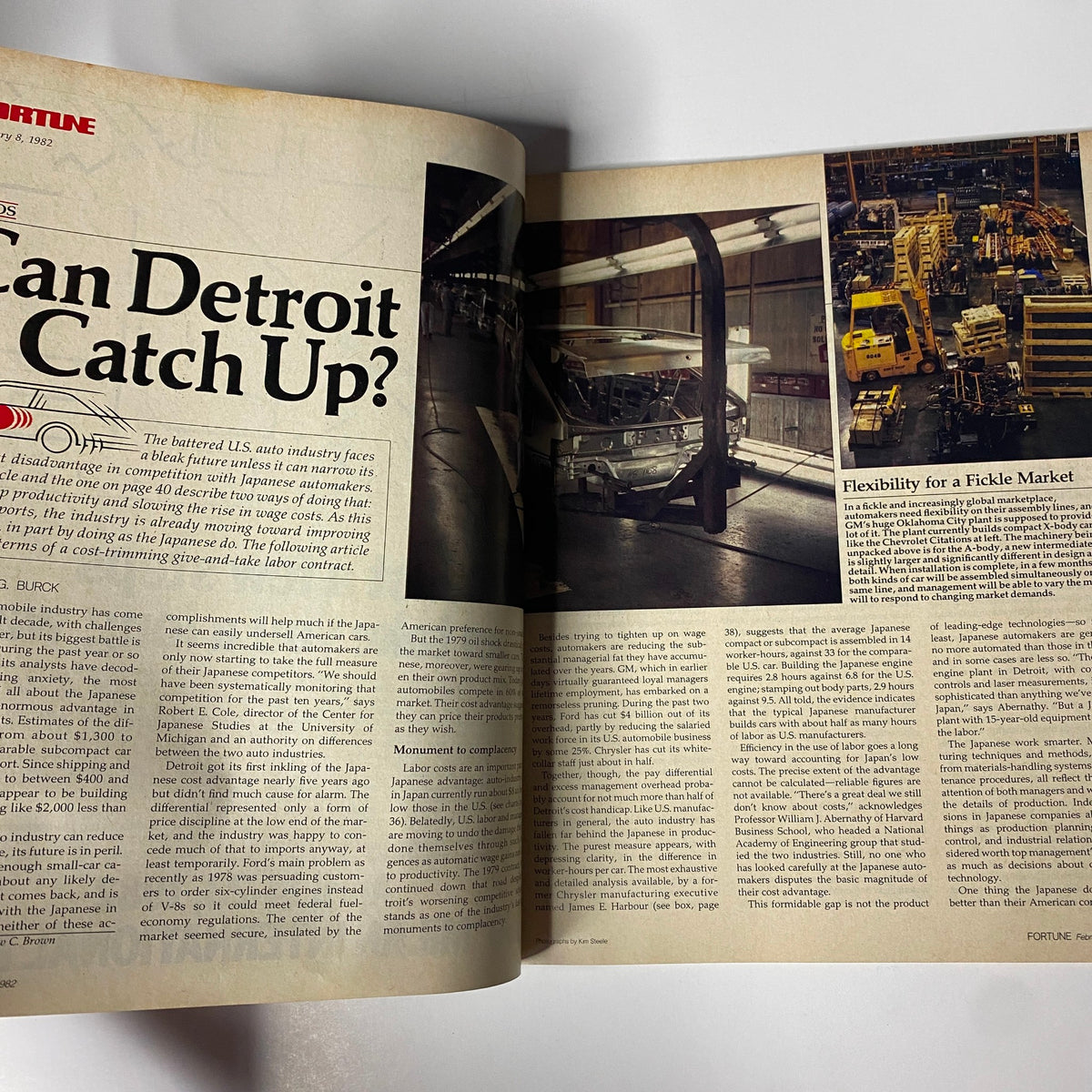 Interior view of February 8, 1982 Fortune Magazine featuring the article 'Can Detroit Catch Up?' highlighting challenges in the US auto industry.