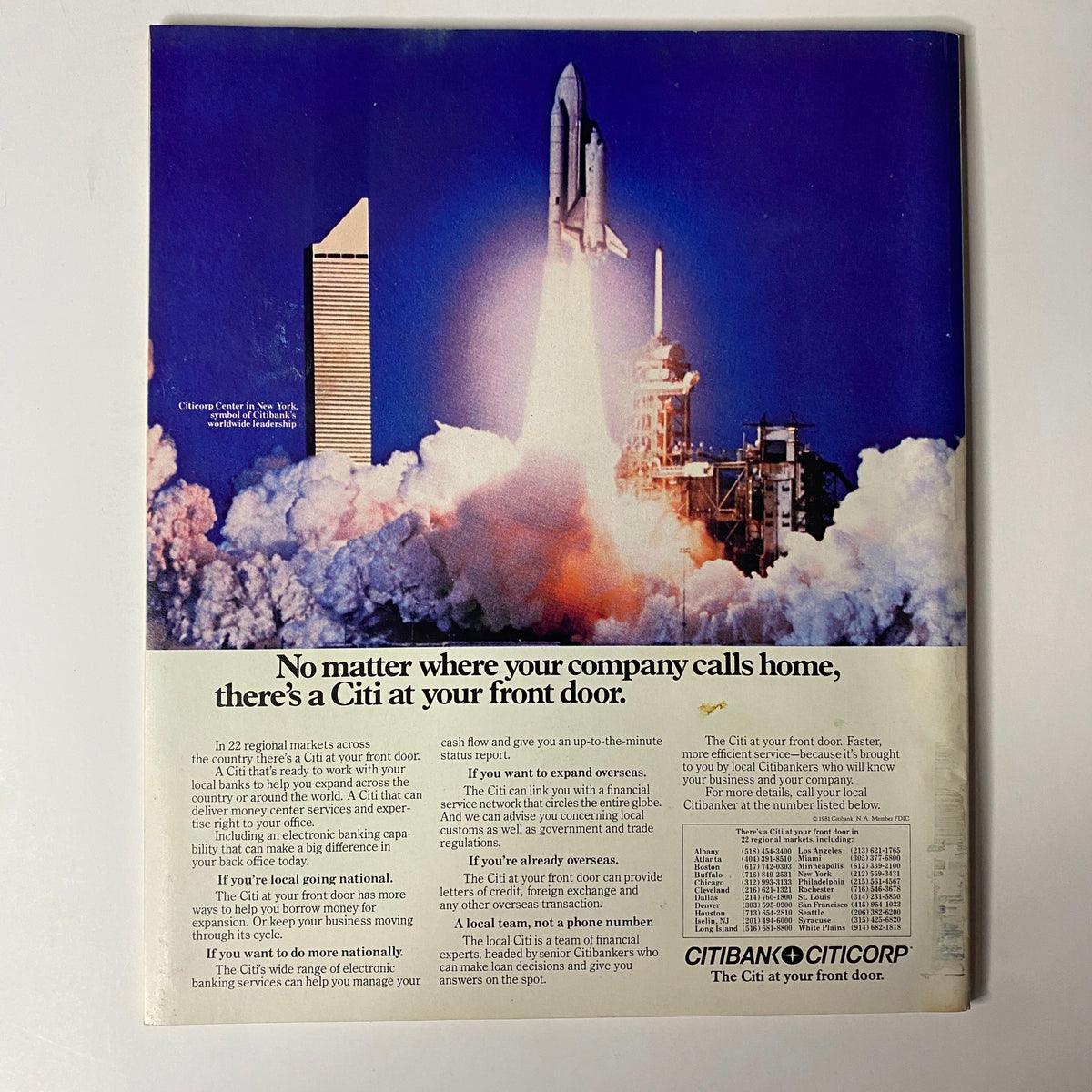 Back cover of Fortune Magazine February 8, 1982 featuring a Citibank advertisement with a space shuttle launch, emphasizing global banking services.