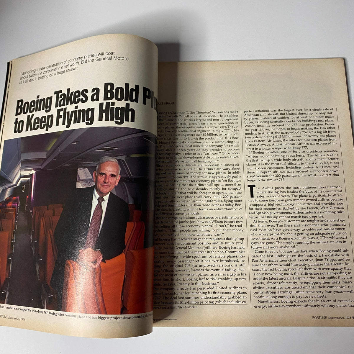 Interior page from Fortune Magazine, September 25, 1978, showcasing an article related to Boeing and its impact on the market, featuring text and images of airplane designs.