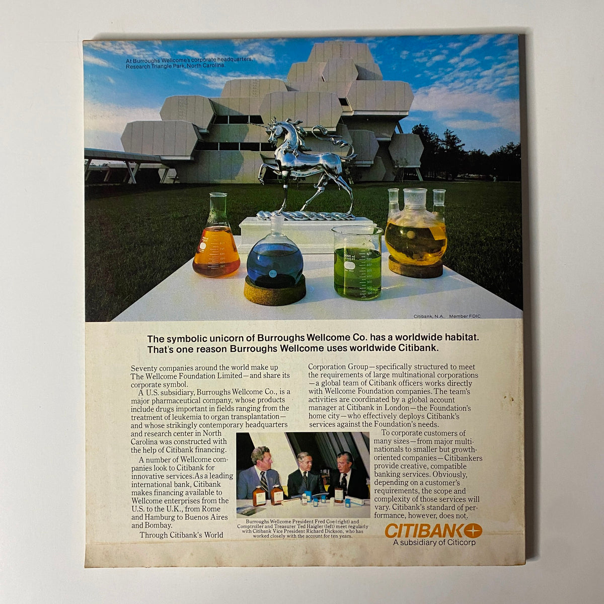 Back cover of Fortune Magazine July 17, 1978, highlighting an advertisement for Burroughs Wellcome Co. and Citibank with a graphical design.