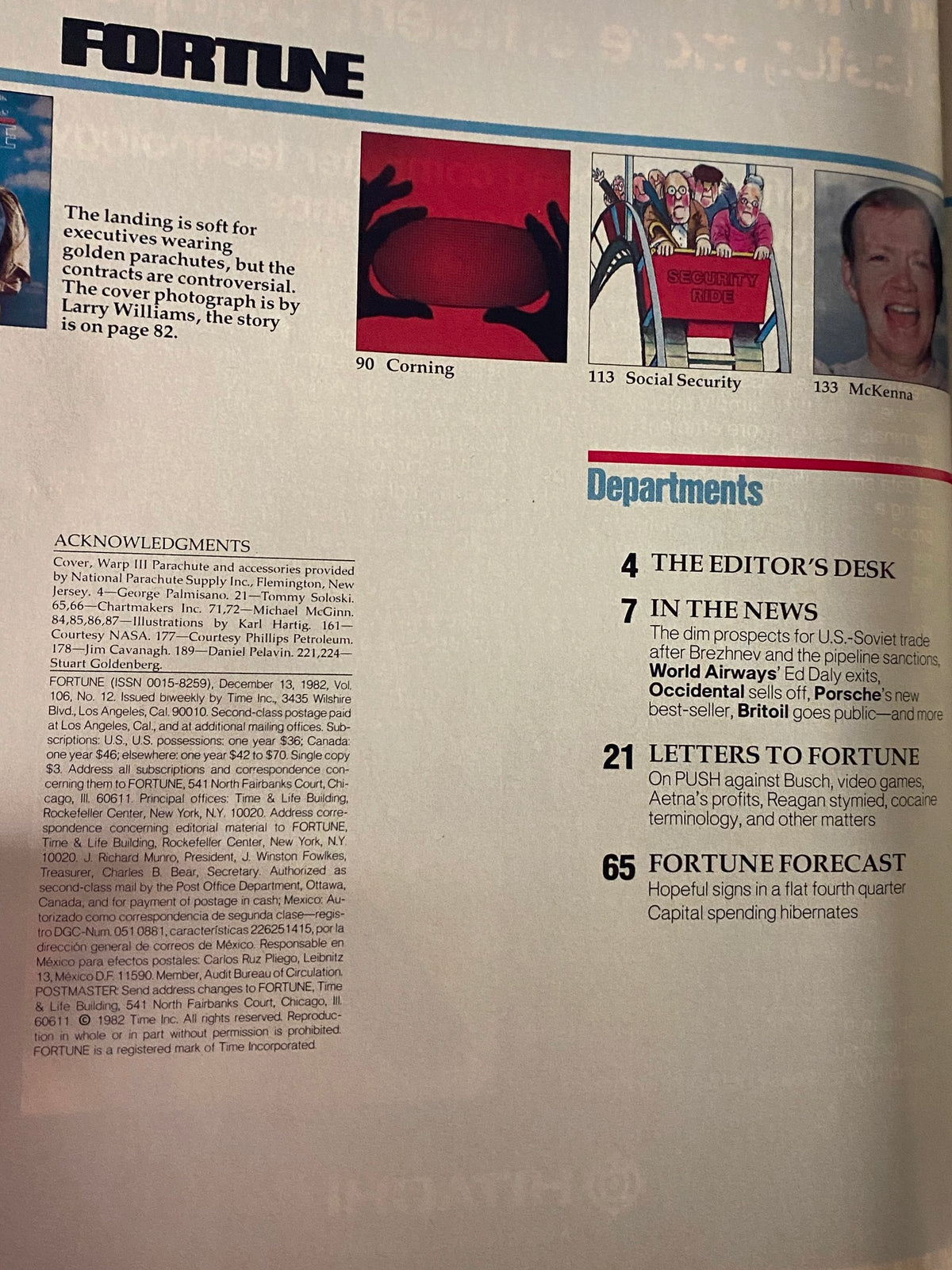 Inside page of Fortune Magazine December 13, 1982 displaying the table of contents, highlighting sections such as 'In the News' and 'Letters to Fortune'.