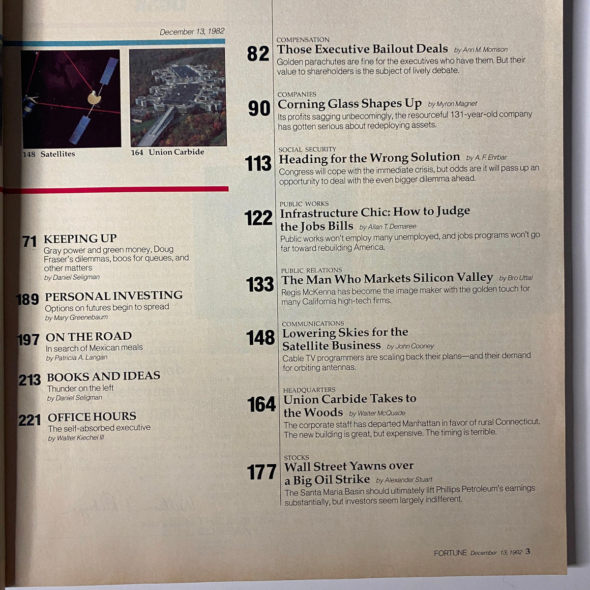 Another inside page of Fortune Magazine December 13, 1982 showing the table of contents with article listings including 'Those Executive Bailout Deals' and various departments.