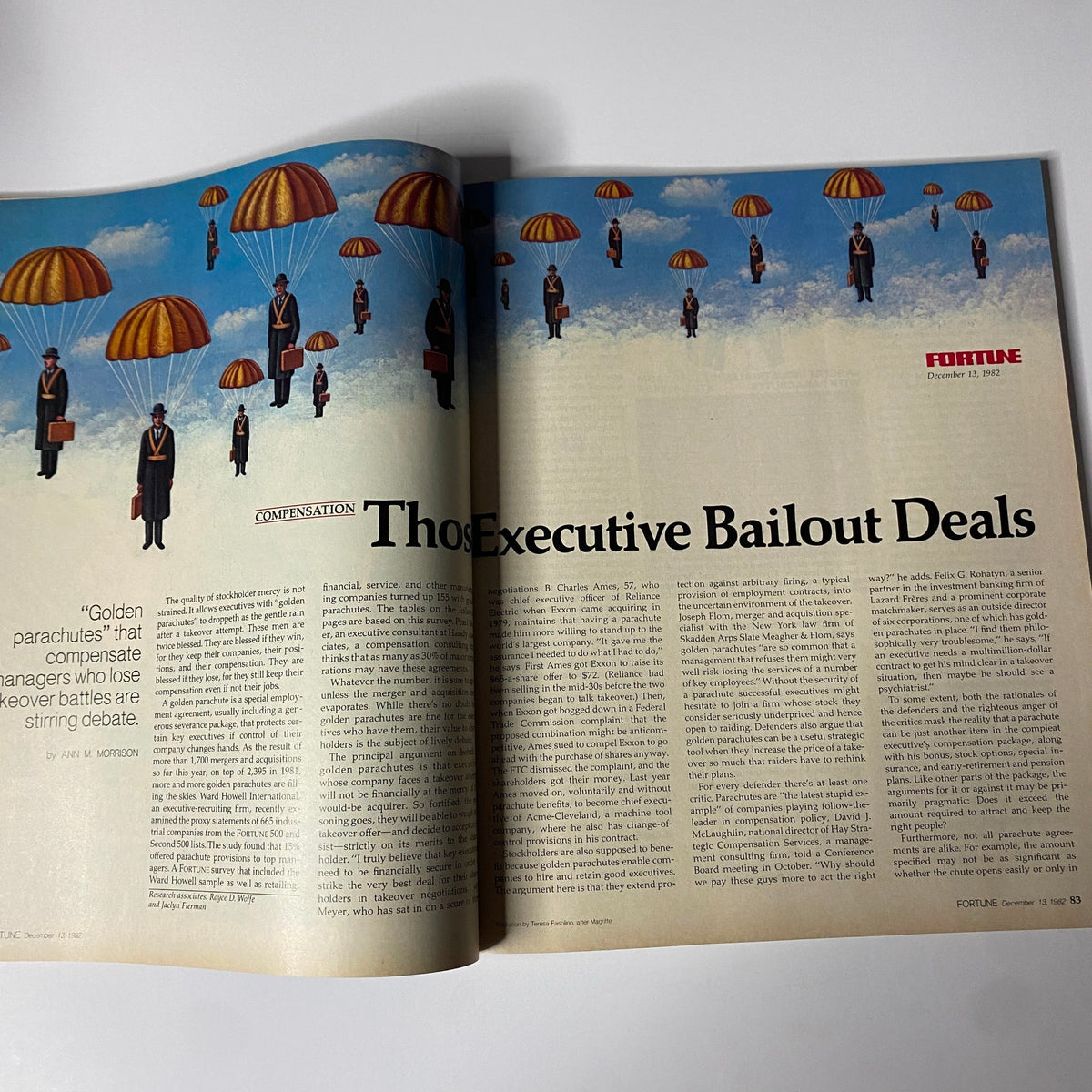 Article page from Fortune Magazine December 13, 1982 titled 'Those Executive Bailout Deals', illustrating the topic of executive compensation with a visual of parachuting businessmen.