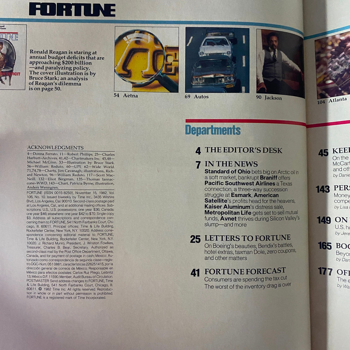 Inside page of Fortune Magazine November 15, 1982 showing the table of contents, including significant articles like 'In the News' and acknowledgment section related to Ronald Reagan's economy.