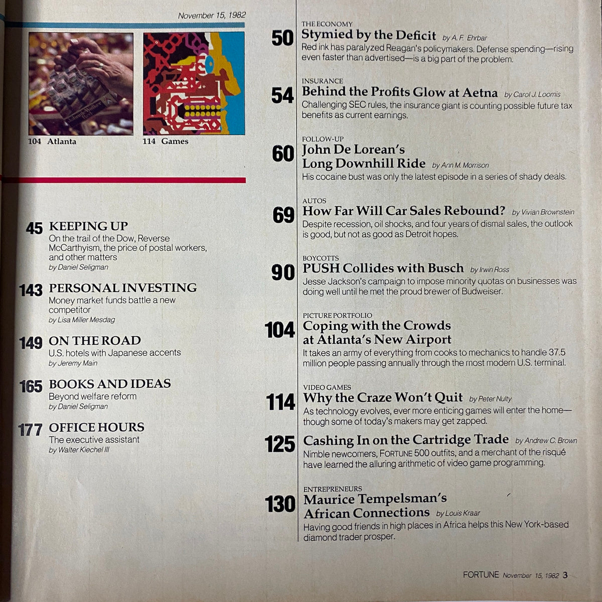 Table of contents from Fortune Magazine November 15, 1982 detailing various features, including sections on the economy, automobiles, and legislative follow-ups related to Reagan's policies.