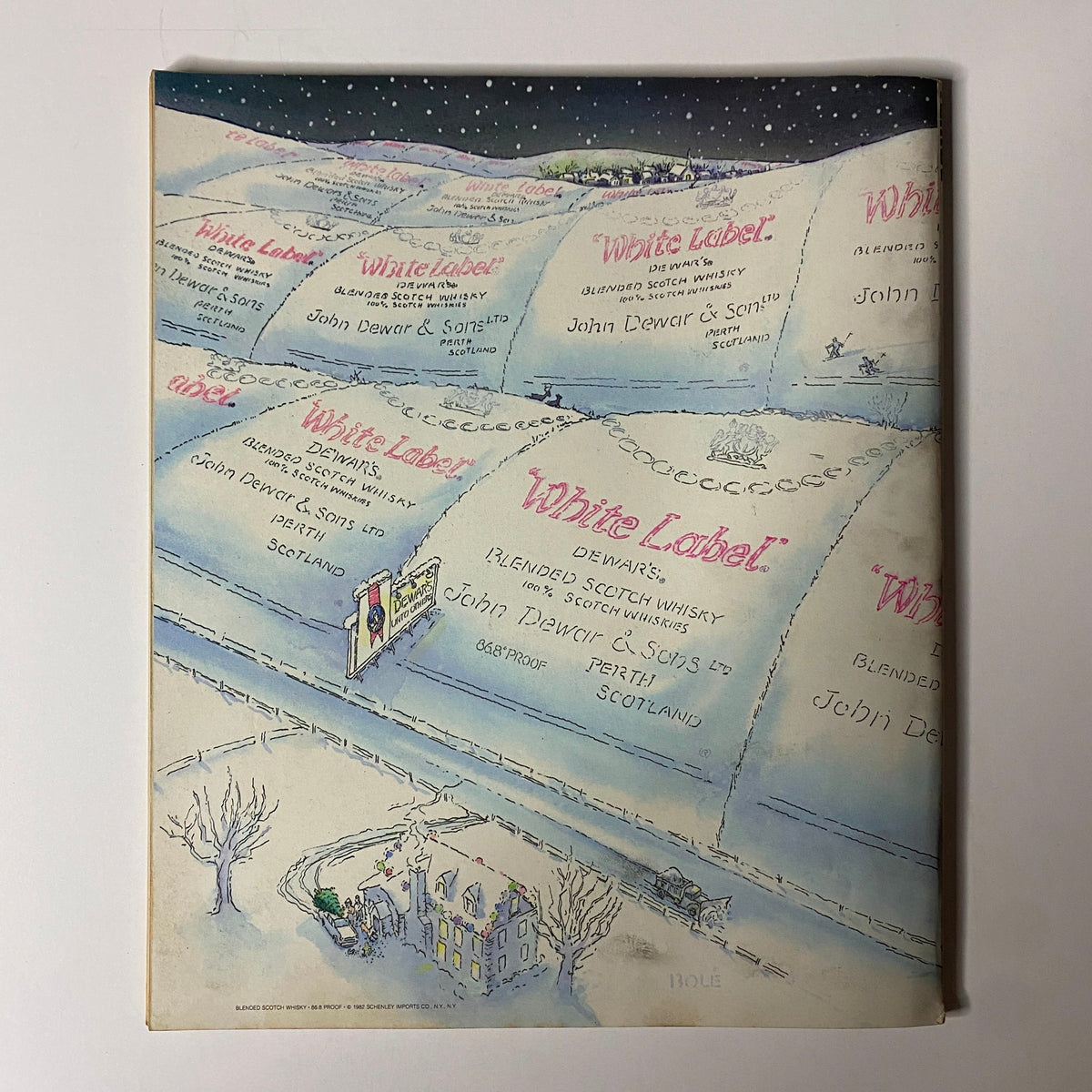 Cover illustration of Fortune Magazine dated November 15, 1982, featuring a whimsical snowy landscape. The image prominently showcases 'White Label' whisky advertisements by John Dewar & Sons, with a quaint house detail, reflecting the vintage charm of the period.
