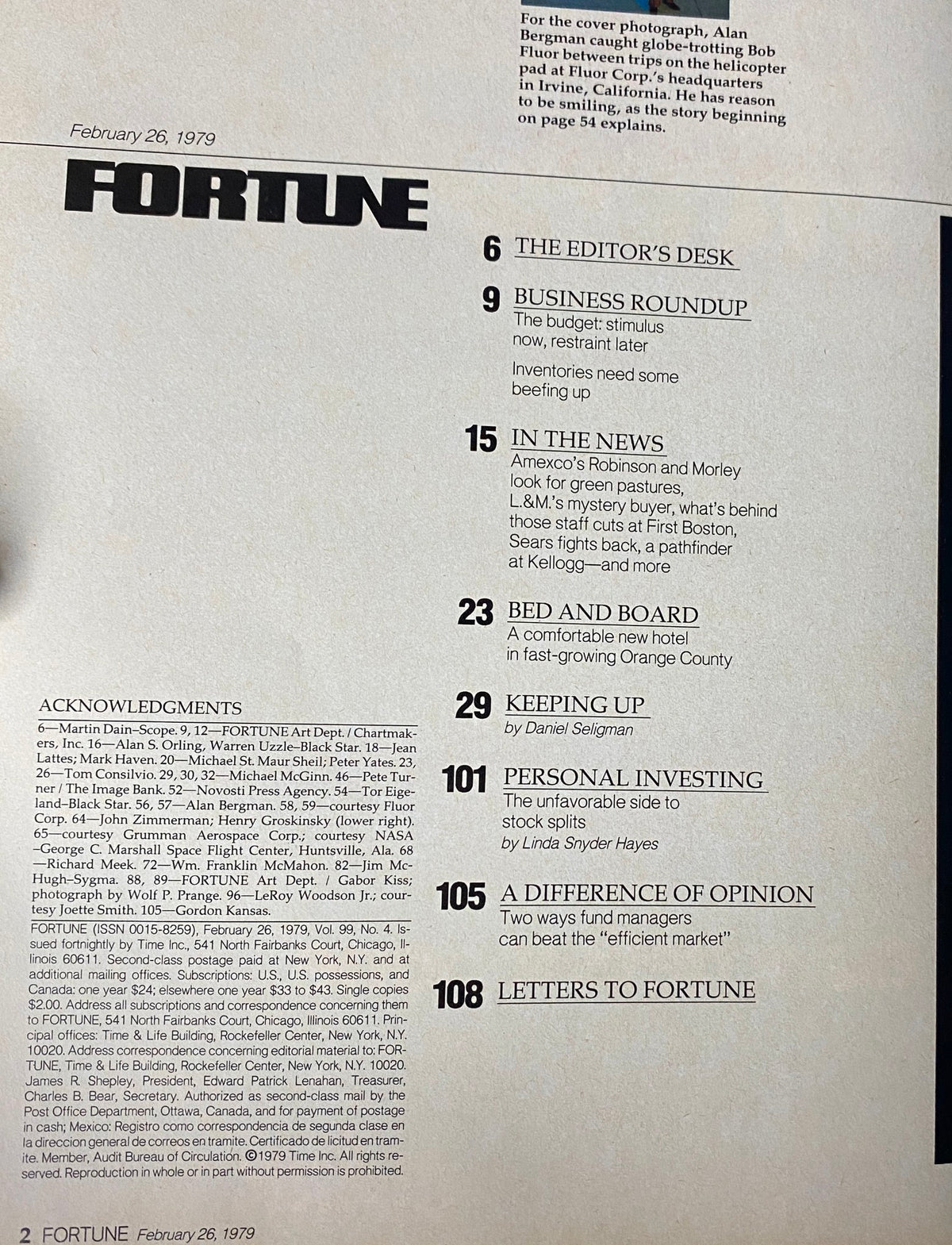 Table of contents from Fortune Magazine February 26, 1979, outlining key articles including business roundups, investment advice, and corporate news.