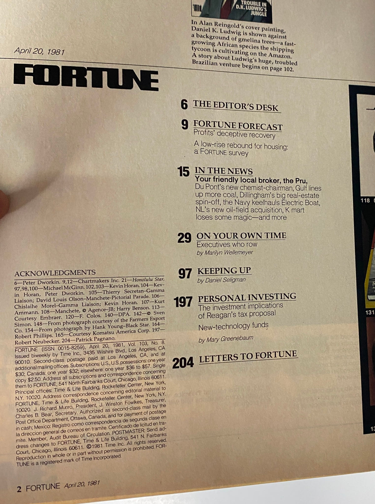 Table of contents for the April 20, 1981 issue of Fortune Magazine, featuring notable articles including 'Trouble in D.K. Ludwig's Jungle' and 'Fortune Forecast'.