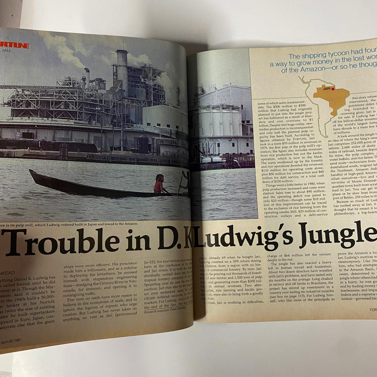 April 20, 1981 issue of Fortune Magazine featuring the article 'Trouble in D.K. Ludwig's Jungle' with an image showing industrial scenery and a person in a boat. The article discusses challenges faced by D.K. Ludwig, a notable figure in business during the early 1980s.