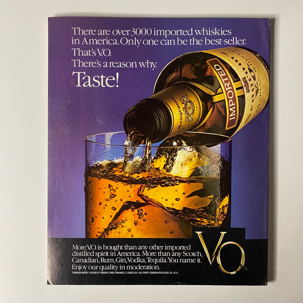 Advertisement for V.O. whisky in the April 20, 1981 issue of Fortune Magazine, highlighting the brand's popularity and quality, with a focus on the pouring of whisky into a glass.