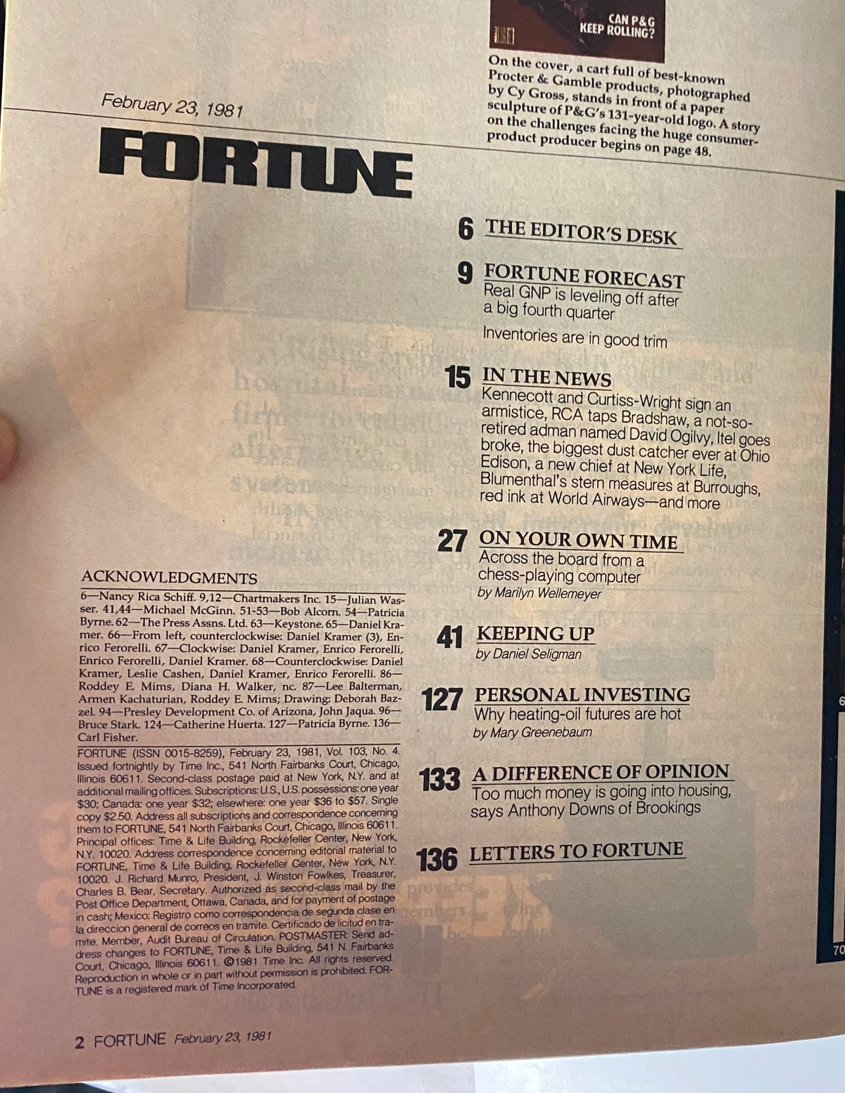 Interior page of Fortune Magazine February 23, 1981 outlining various articles including the editor's desk and economic forecasts.