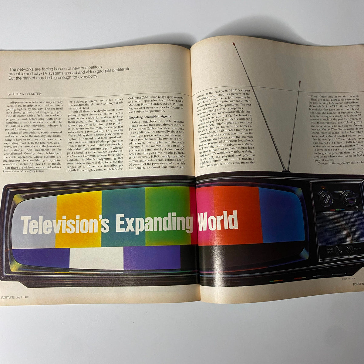 An article spread from Fortune Magazine, July 2, 1979, detailing the expansion of television, showcasing a graphic of a retro TV screen.