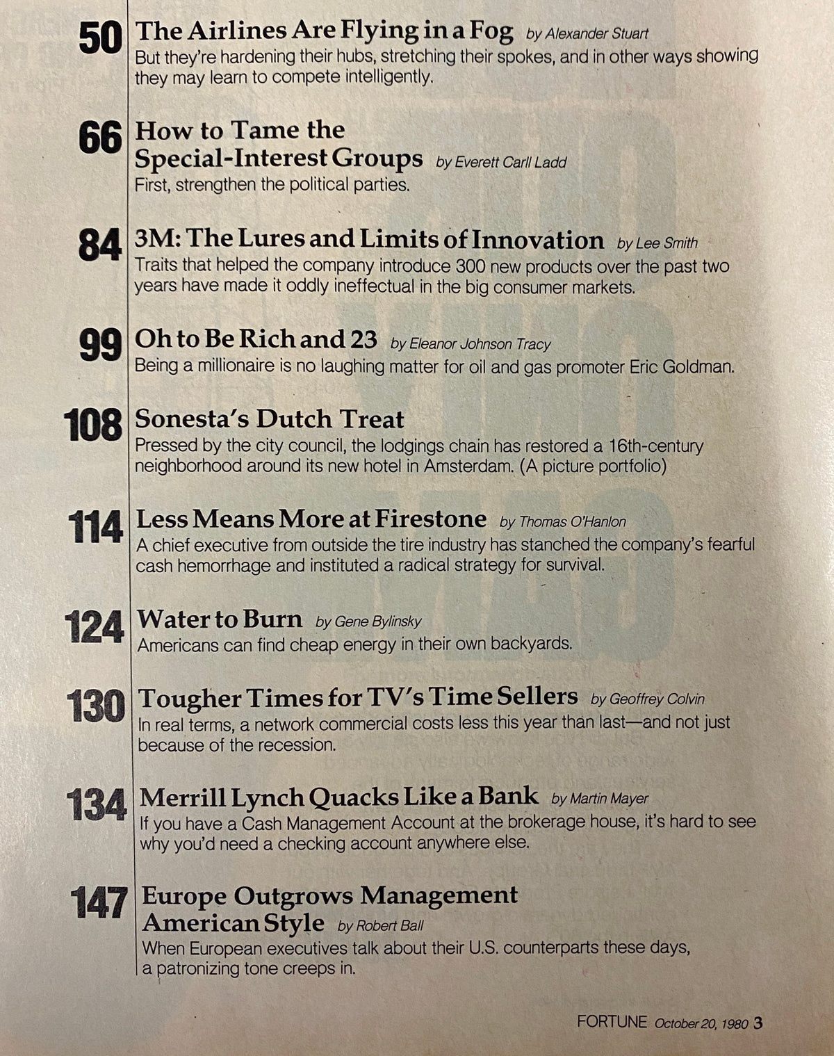 Page highlighting articles from Fortune Magazine October 20, 1980, including 'How to Tame the Special-Interest Groups' and discussing their influence in American politics, emphasizing the magazine's analytical outlook.