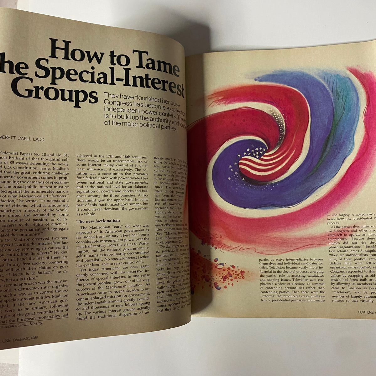 Inside spread from Fortune Magazine October 20, 1980 featuring the article 'How to Tame the Special-Interest Groups', combined with a creative illustration representing political themes and the importance of regulating special interest.