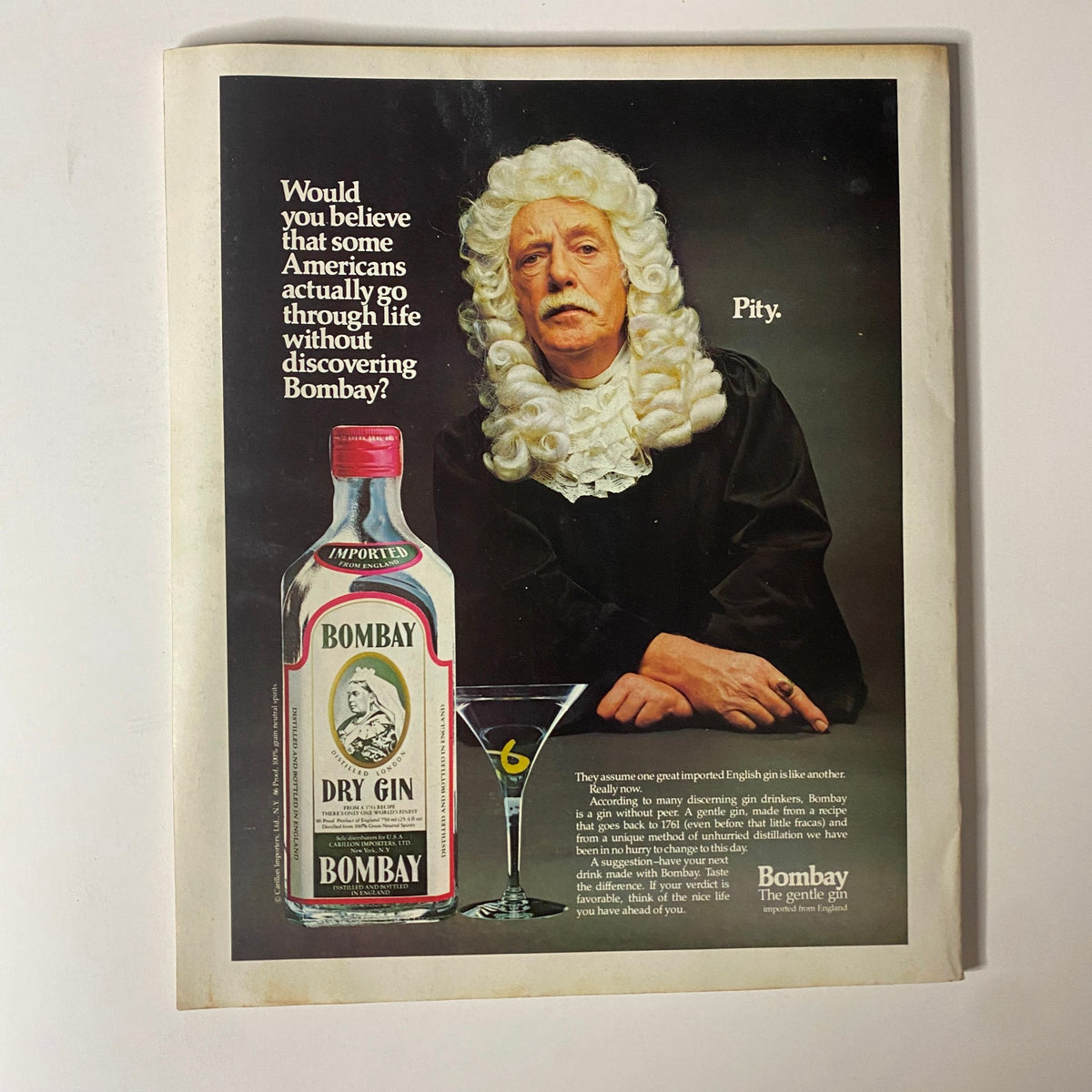October 20, 1980 issue of Fortune Magazine featuring a humorous advertisement for Bombay Dry Gin, highlighting its distinct qualities and inviting readers to discover the brand.
