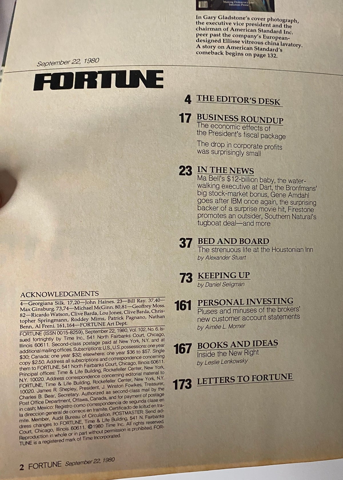 Interior page of Fortune Magazine September 22, 1980 showcasing the table of contents with sections on business roundup and major corporate news.