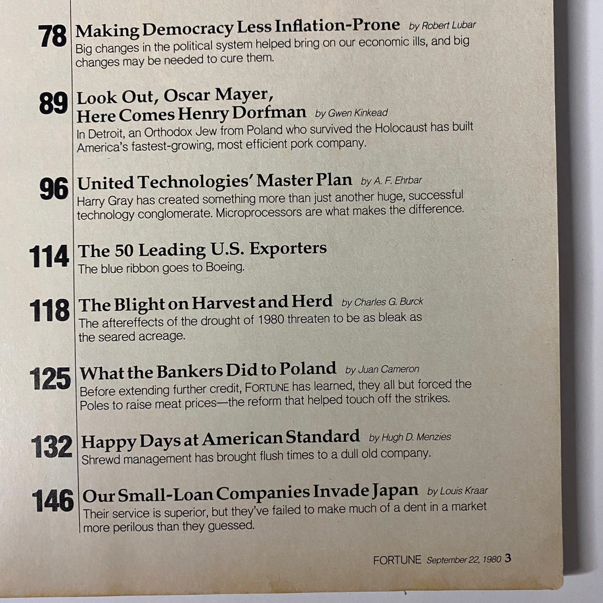 Another interior page of Fortune Magazine September 22, 1980 listing notable articles including those about inflation and U.S. exporters.