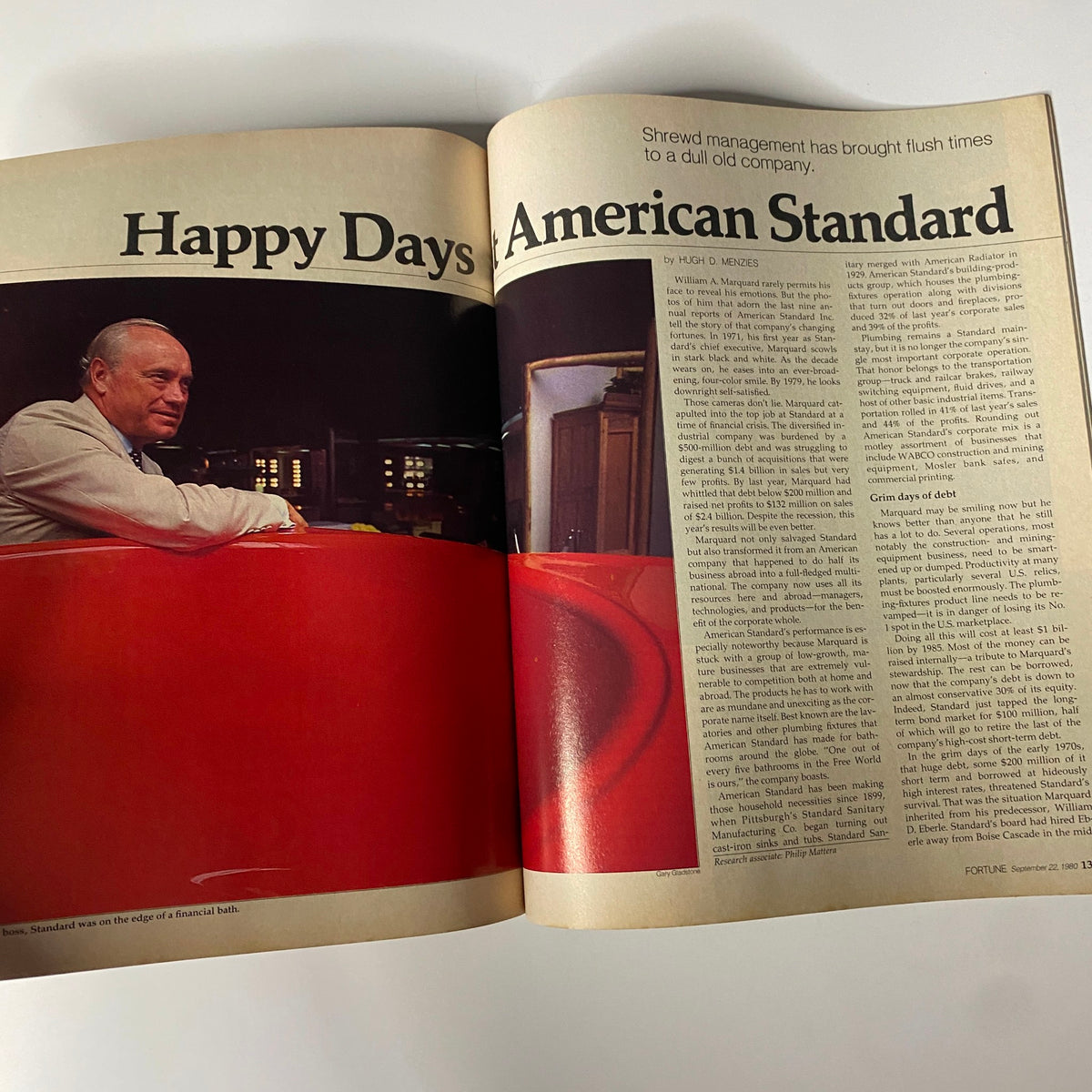 An article spread from Fortune Magazine September 22, 1980 titled 'Happy Days at American Standard,' featuring insights on corporate management.