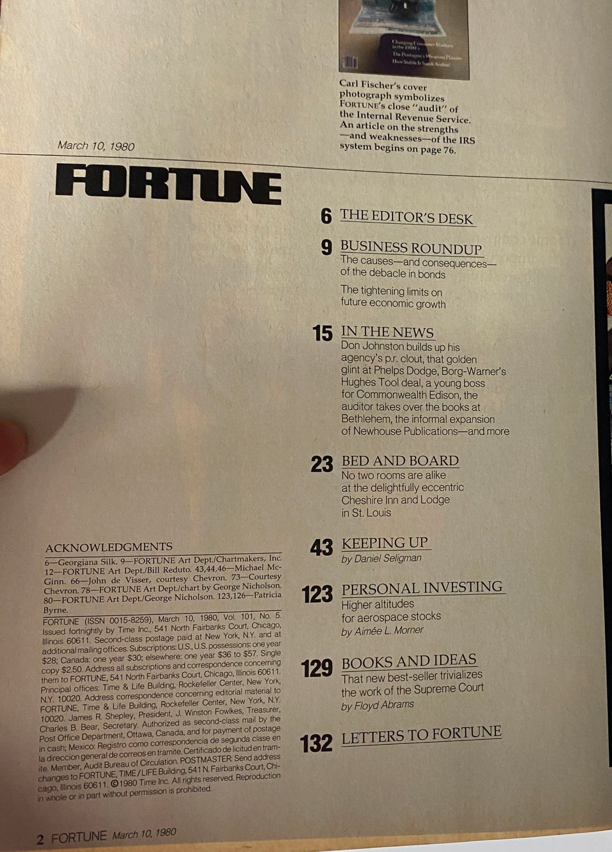 Table of contents from Fortune Magazine March 10, 1980, outlining articles on the IRS audit, business trends, and economic insights.