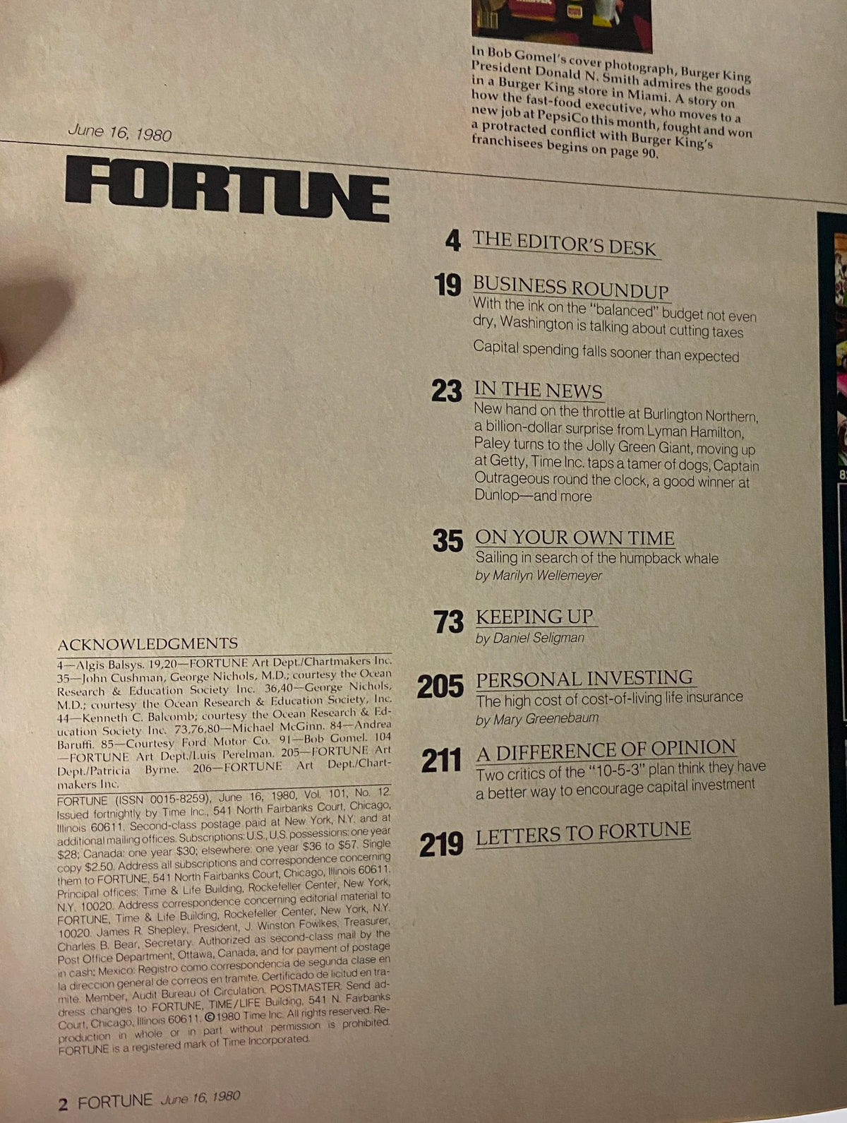 Interior page of Fortune Magazine June 16, 1980 displaying the table of contents, listing articles such as 'The Editor's Desk' and 'Business Roundup', showcasing topics relevant to the corporate landscape of the time.