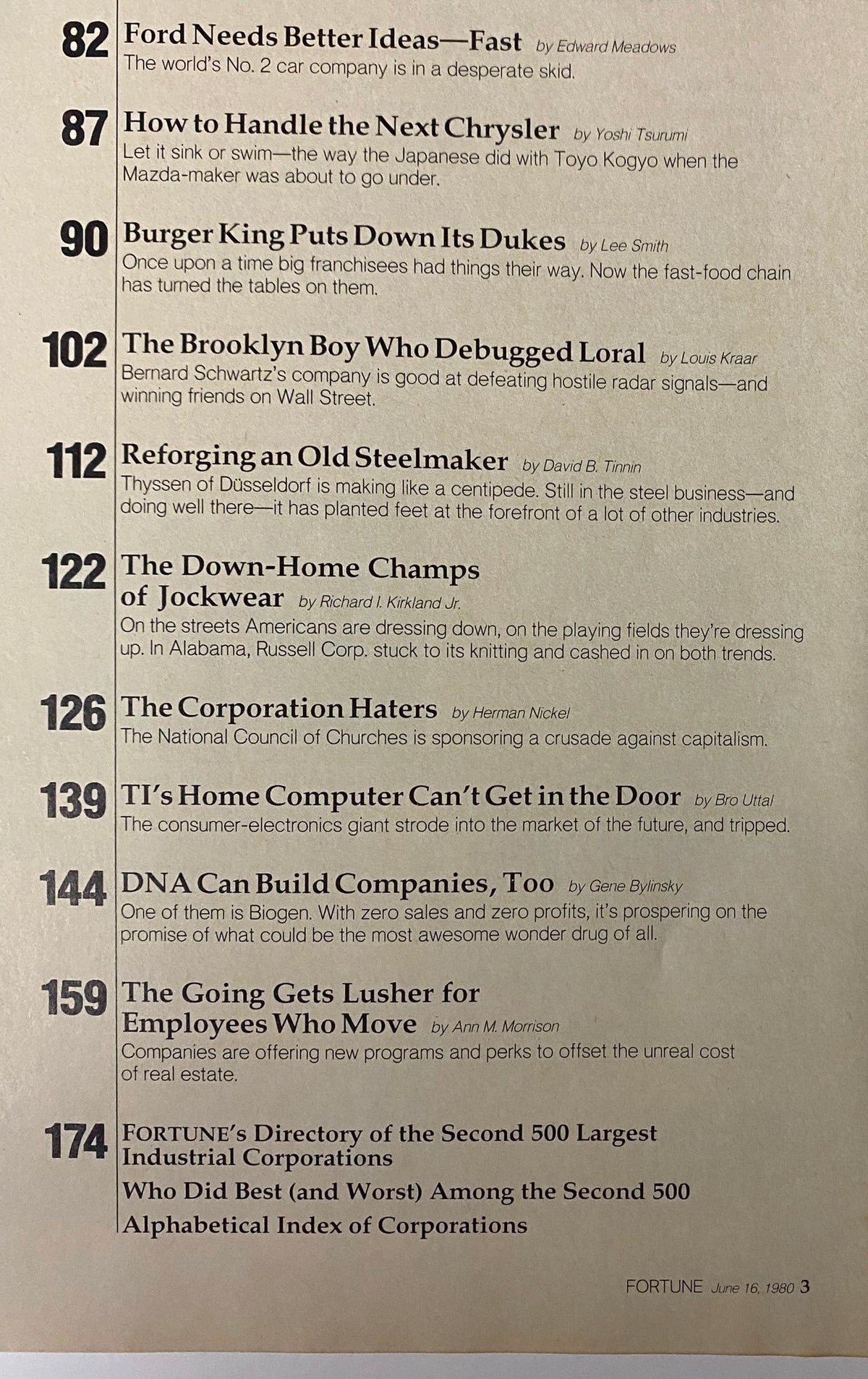 Contents page of Fortune Magazine June 16, 1980 featuring articles like 'Ford Needs Better Ideas—Fast' and 'The Brooklyn Boy Who Debugged Loral'. This vintage magazine showcases pivotal business insights from the late 1970s.