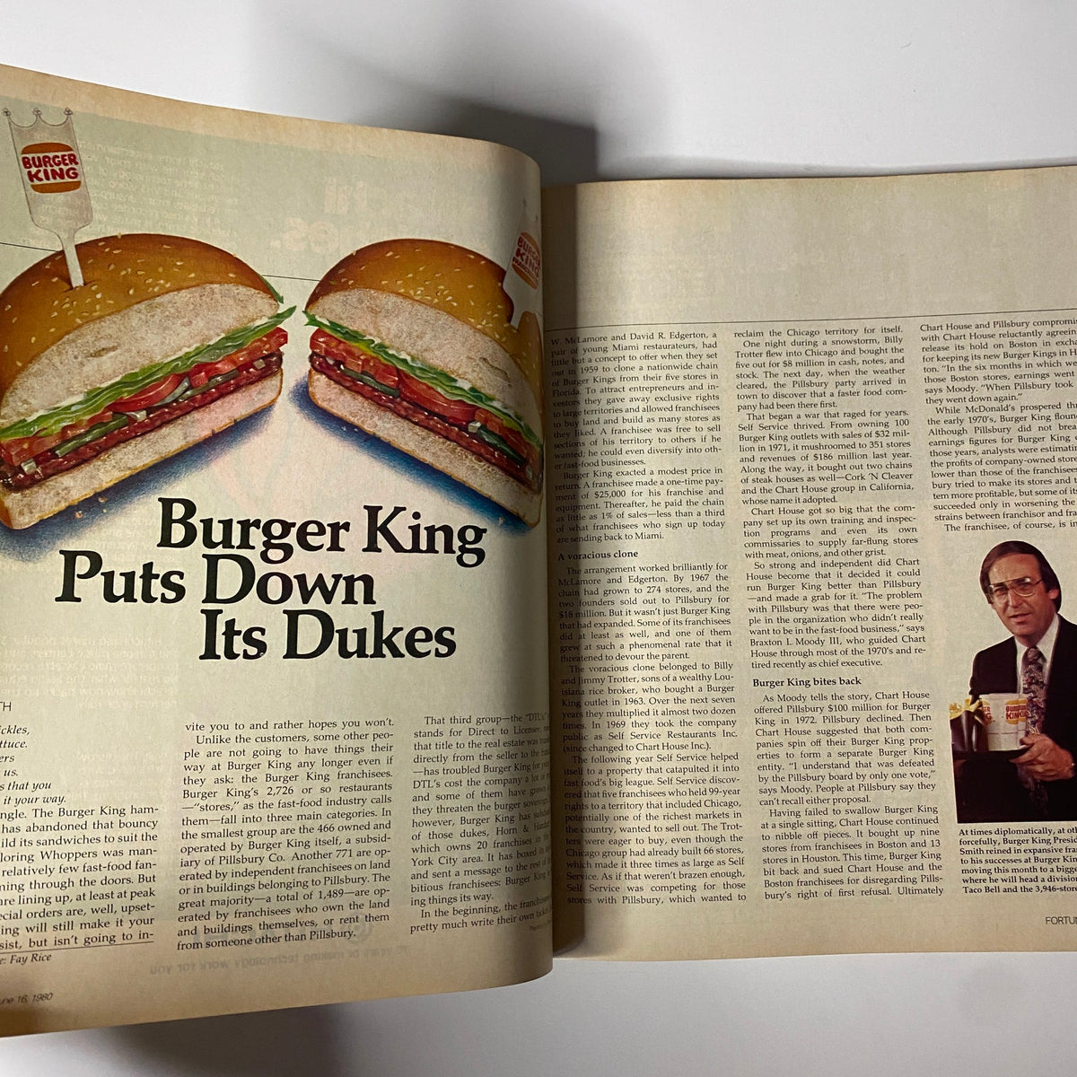 Interior page of Fortune Magazine June 16, 1980 highlighting the article 'Burger King Puts Down Its Dukes' with an image of a burger. This vintage magazine captures significant corporate movements and consumer trends.