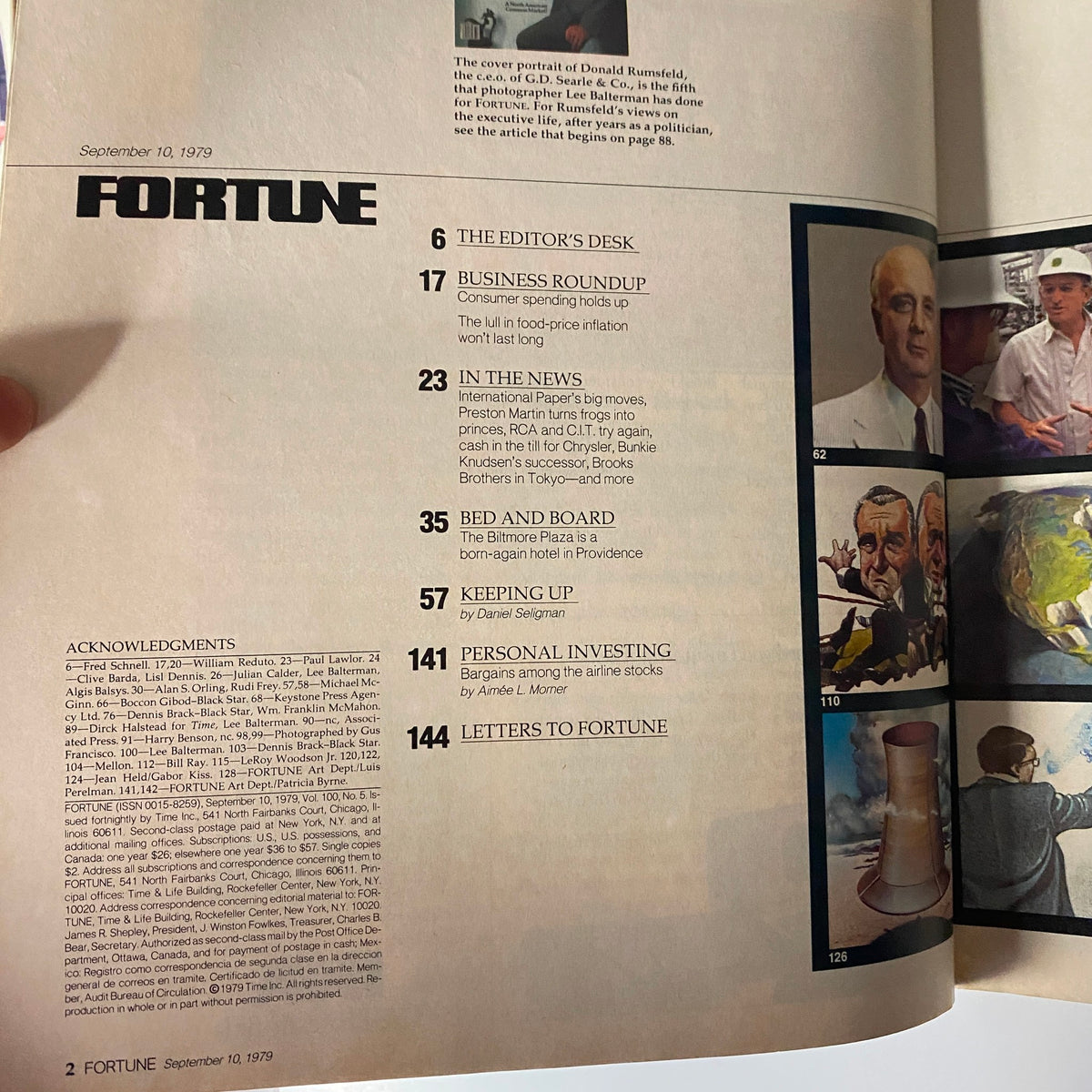 Table of contents page from Fortune Magazine, September 10, 1979, listing article topics including business roundups and notable stories from the era.
