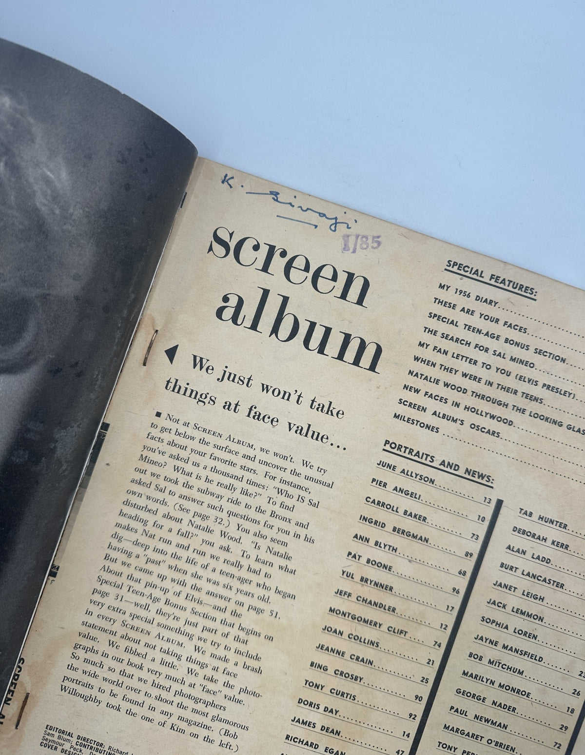 Interior page of Screen Album Magazine February 1957 displaying the title and contents listing, highlighting features and portraits of various stars.