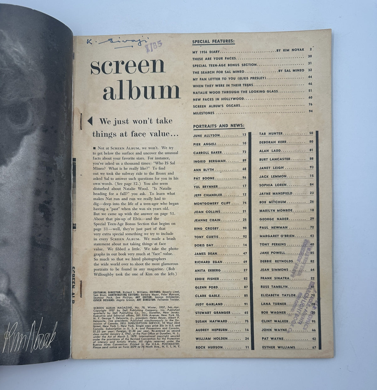 Another interior page of Screen Album Magazine February 1957, showing the contents listing with articles on notable celebrities like June Allyson and Ingrid Bergman.