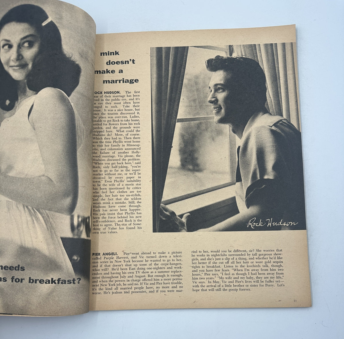 Two-page spread in Screen Album Magazine February 1957 featuring an article about Rock Hudson, accompanied by an image of him by a window.