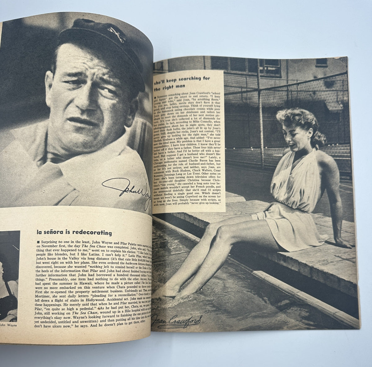 Interior page from Screen Album Magazine February 1955 featuring a portrait of John Wayne and a photo of a woman in a white dress, highlighting content related to Hollywood stars.