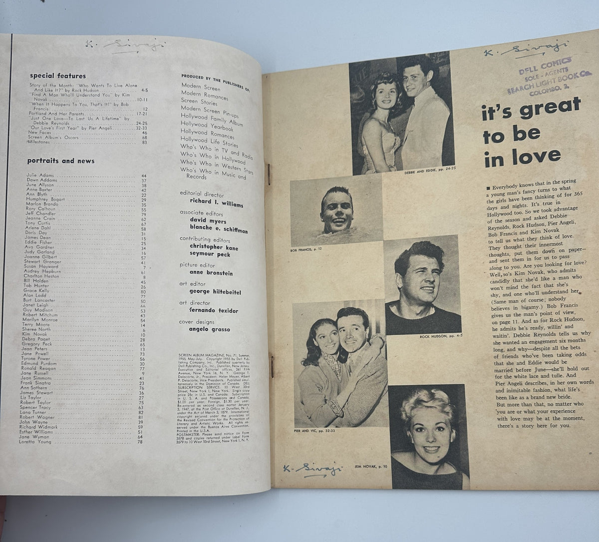 Inside spread of Screen Album Magazine May 1955 showing the Table of Contents and featured portraits of stars.