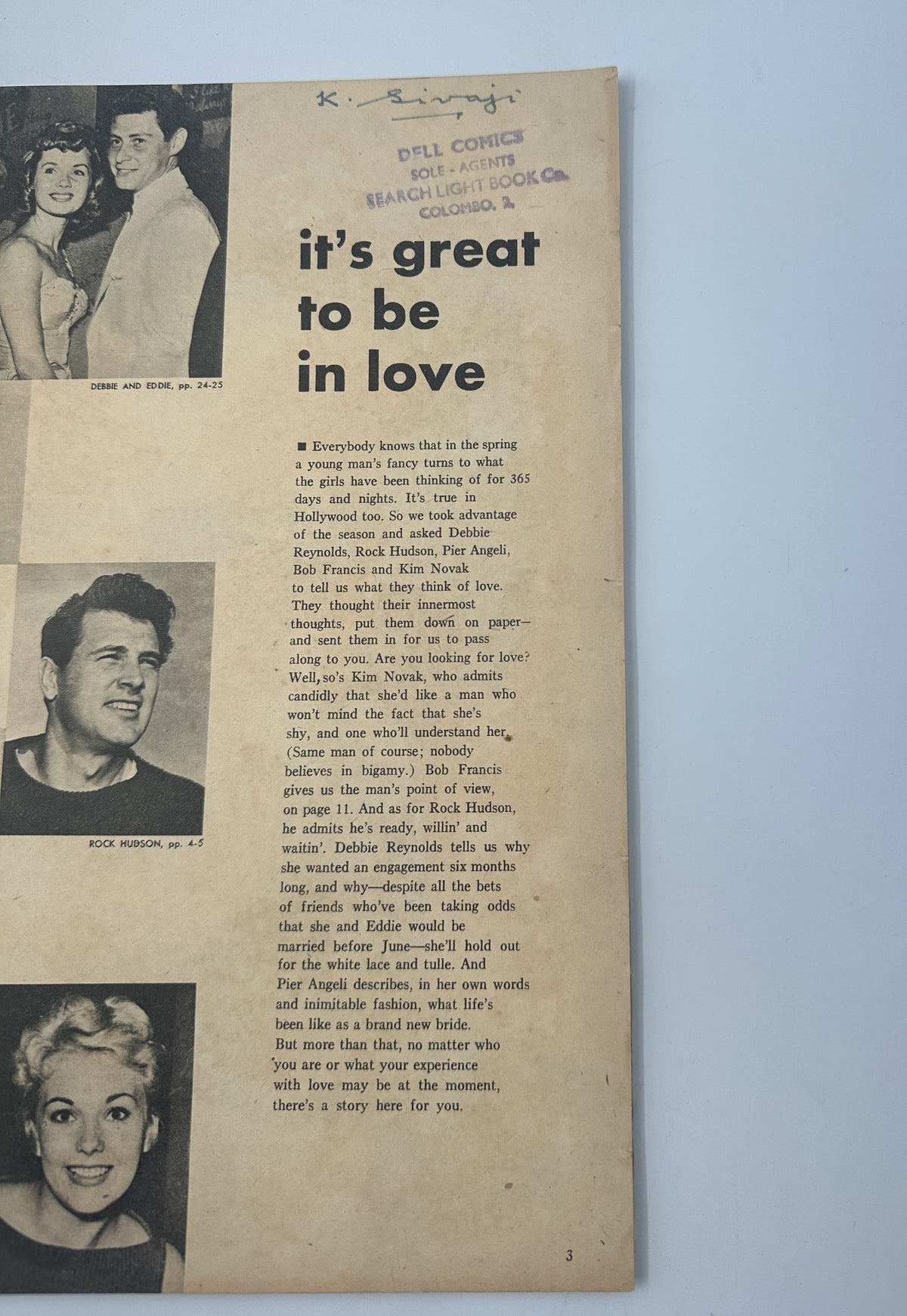 Page from Screen Album Magazine May 1955 highlighting the article 'It's Great to Be in Love' featuring Rock Hudson and others.